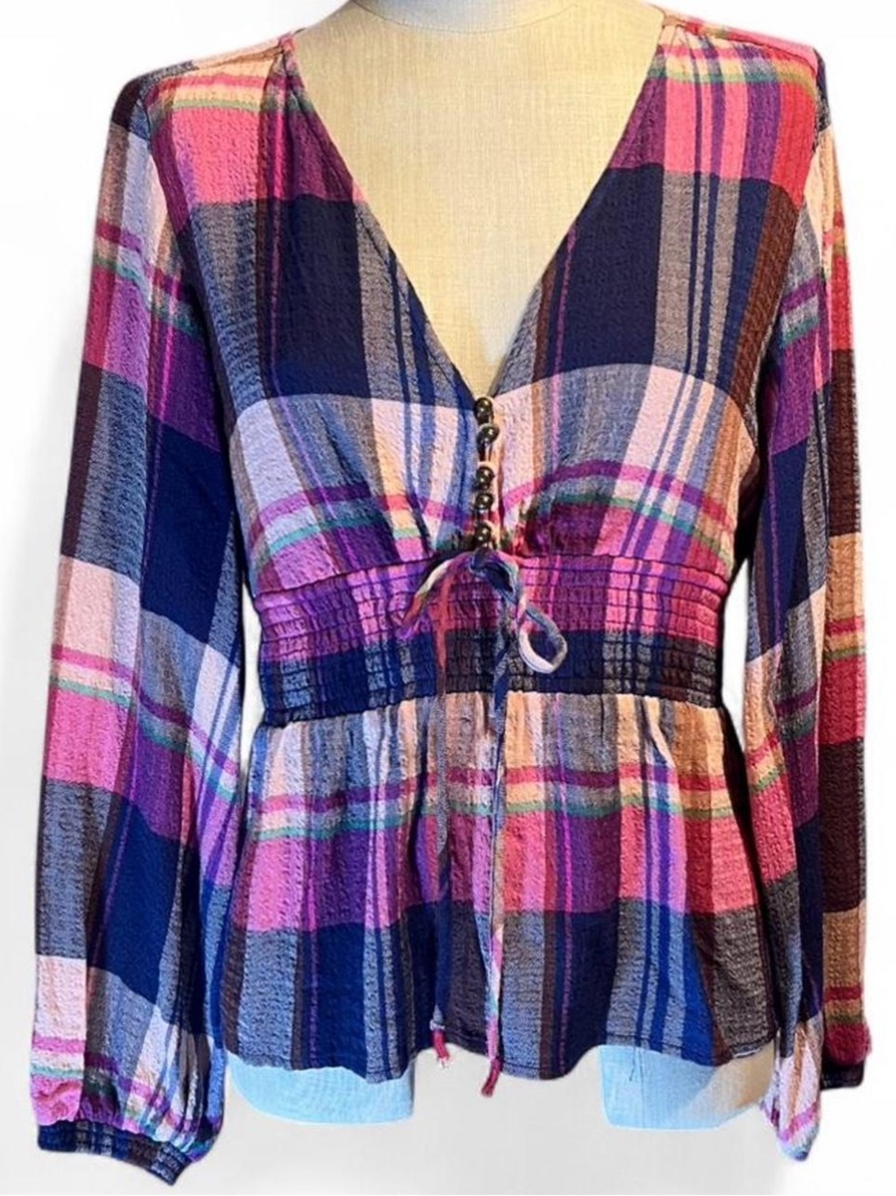 💘Pilcro Anthropologie Pink and Navy Plaid Peplum Tie-Front Blouse